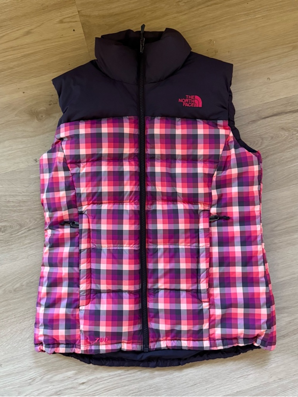 North Face Puffer Vest Plaid Sz S Purple Pink 700 Down Filled